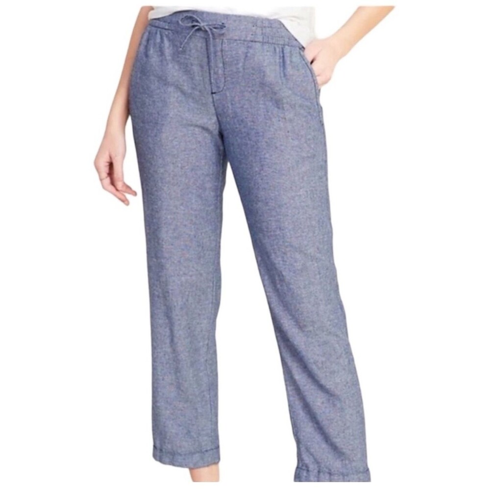 Old Navy Navy Blue Linen Blend Drawstring Pull On Straight Ankle Pants Sz M